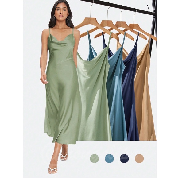 Green Satin Cami Dress Midi Adjustable Spaghetti Straps - Picture 6 of 8